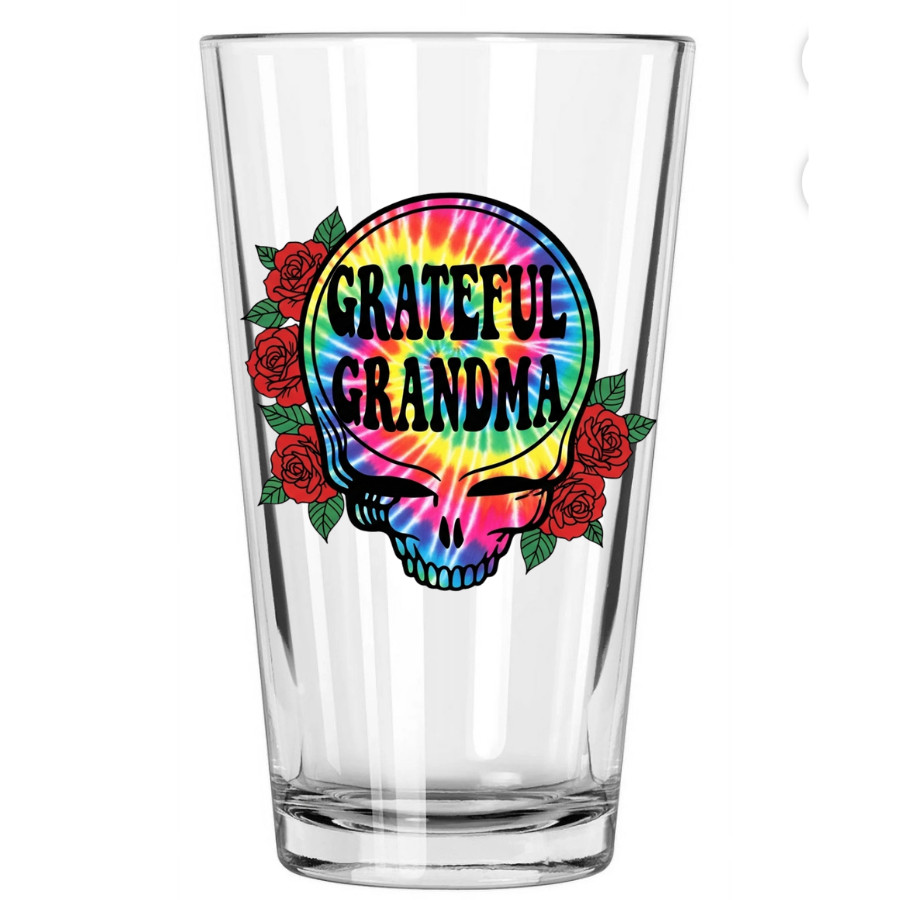 Grateful Dead Steal Your Face tie dye GRATEFUL GRANDMA roses Pint Glass 16 0z