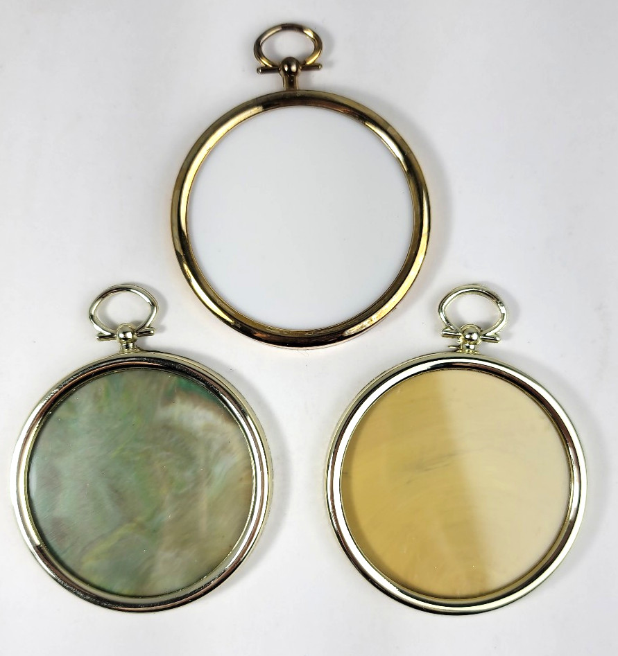 3 Vtg Gold Tone Plastic Needlecraft Round Frames Cross Stitch 2+ inch Taiwan