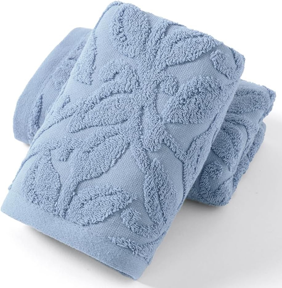 Navy Blue Embossed Floral Pattern Hand Towel Set of 2 100% Cotton Super Soft