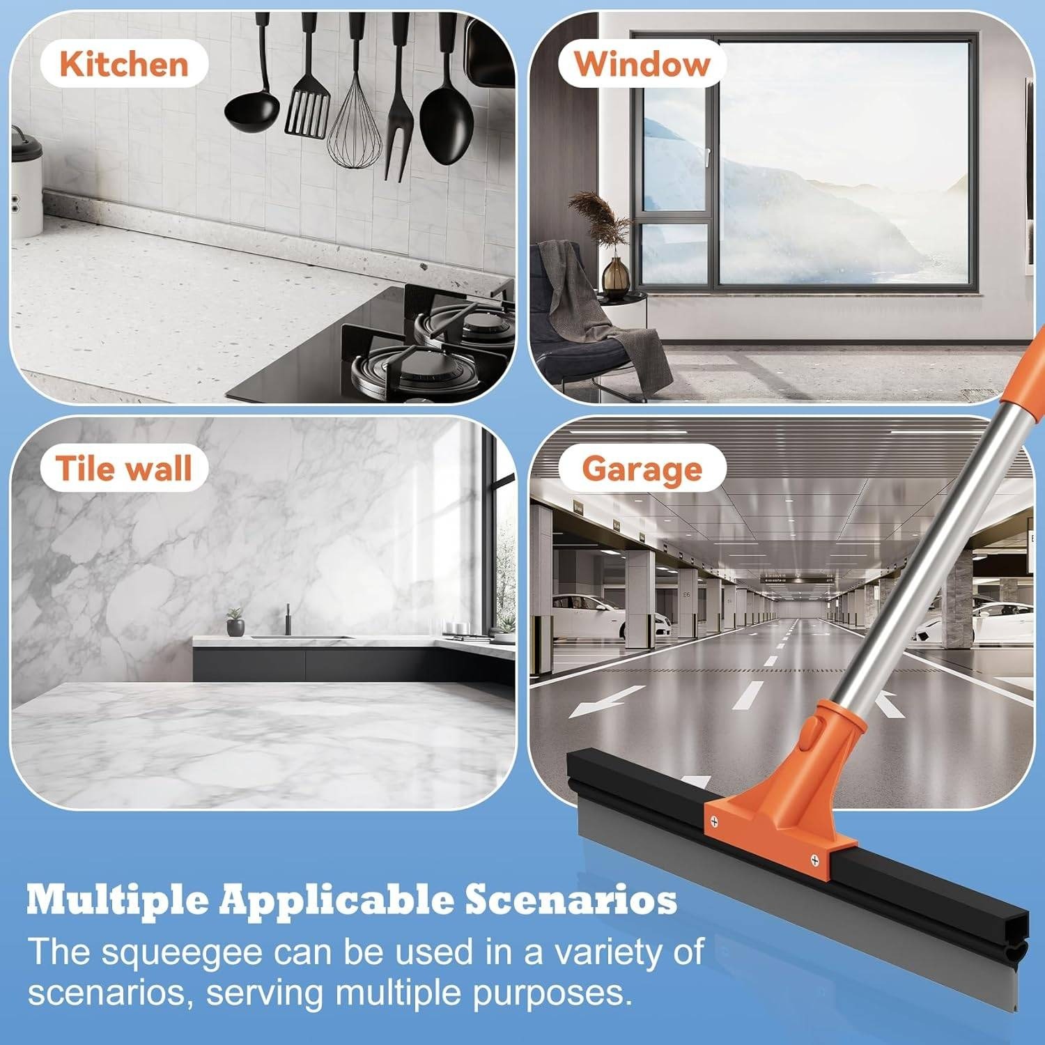 Adjustable 62" Floor Squeegee Broom 18" Rubber Head Stainless Steel Handle