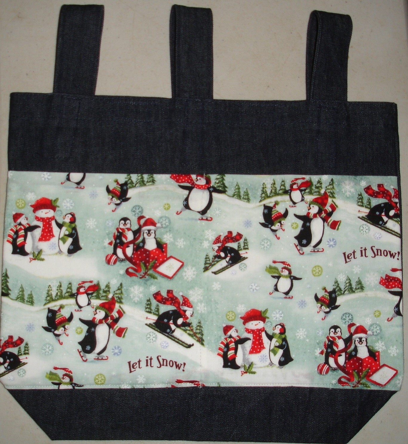 NEW Handmade Denim Walker Bag Let it Snow Christmas Holiday Penguin Birds Theme