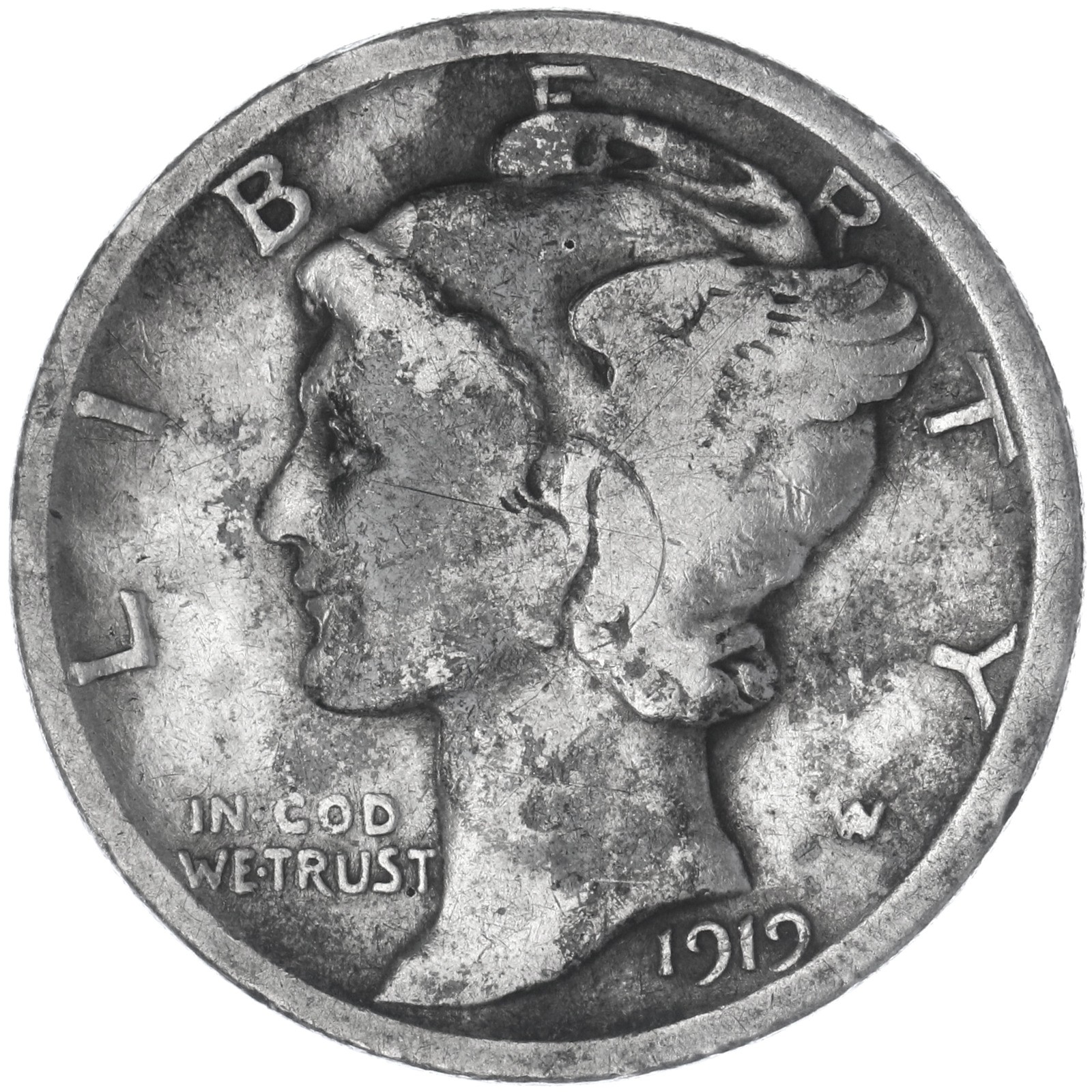 1919 (P) Mercury Dime 90% Silver Good GD Splotchy See Pics K783
