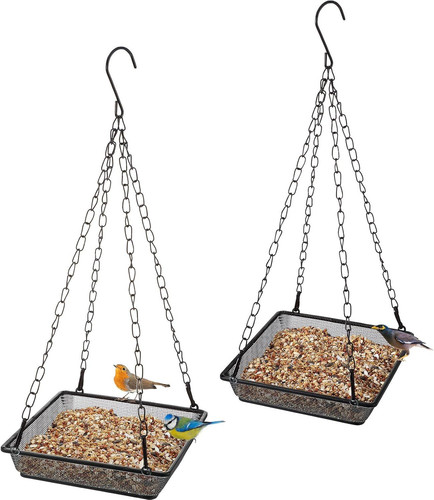 2 Pieces Metal Hanging Bird Feeder Tray, Mesh Feeding Seed Tray Black