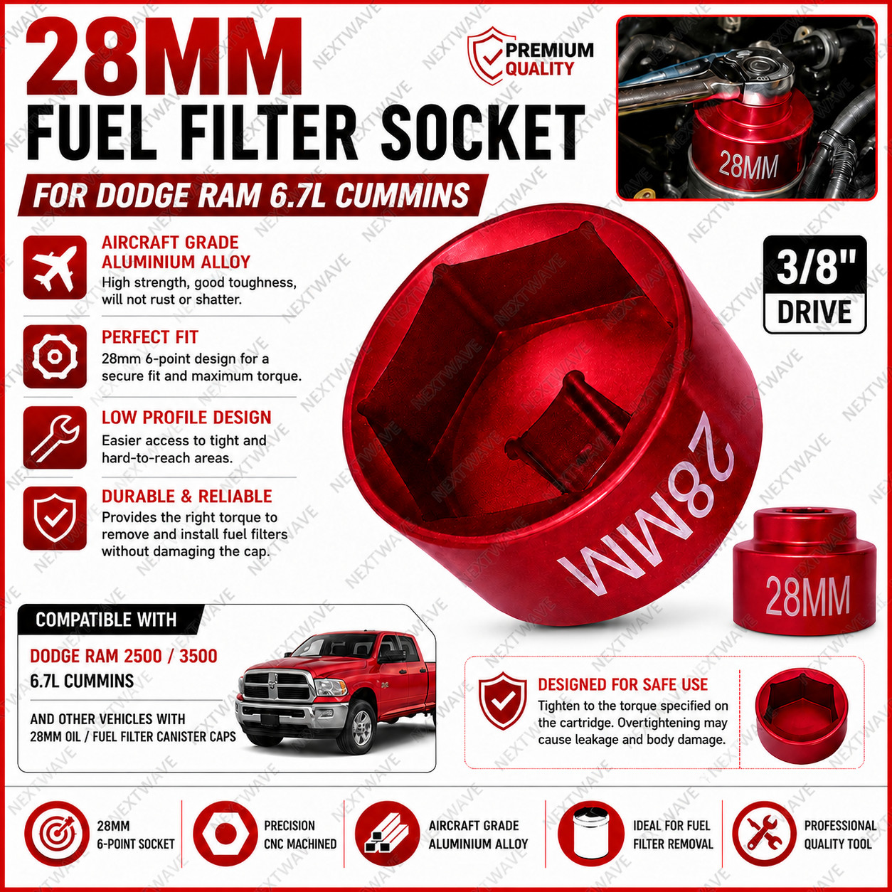 28mm fuel filter Socket Cummins tools 3/8 drive for Dodge Ram 6. 7L 28mm, Red