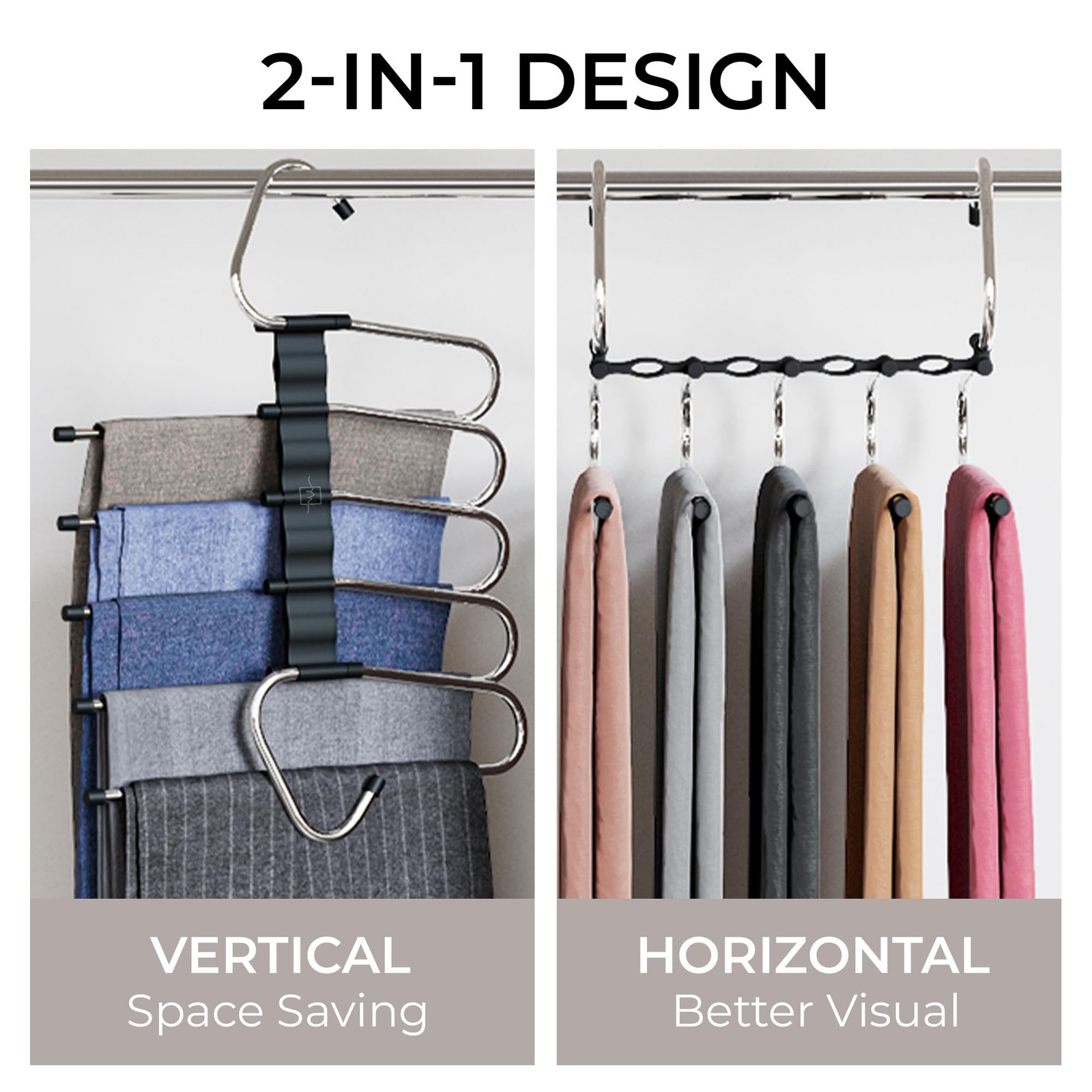 Pants Hangers Space Saving - 2 Pack - Non-Slip Multi-Layer Space Saving Hange...
