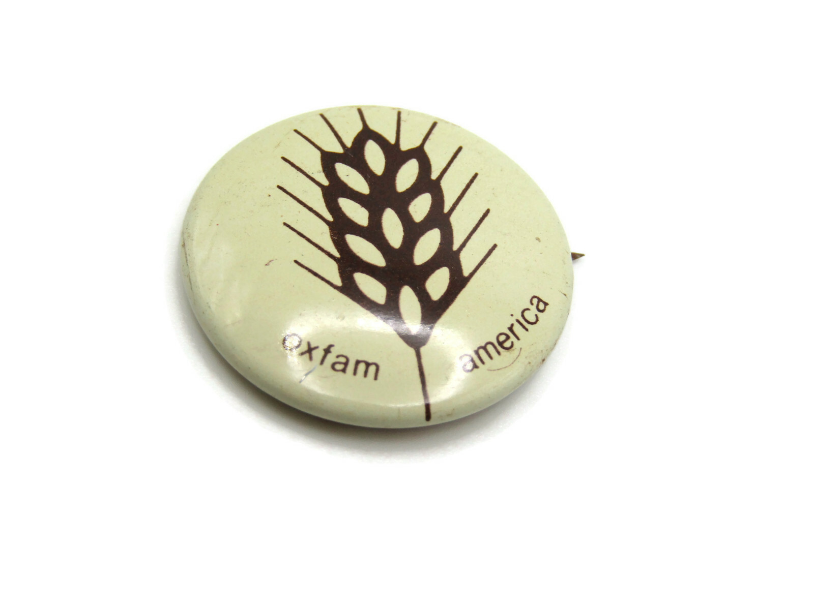Vintage Oxfam America Pinback Button Wheat Stalk Graphic Charity Hunger Relief