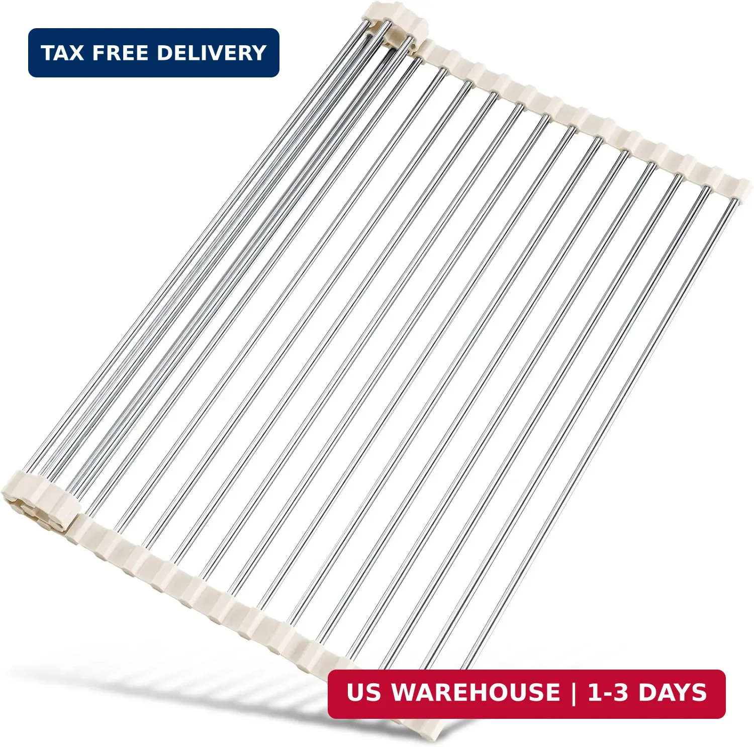 Roll Up Dish Drying Rack Over Sink, 304 Steel, 17.7x15.5, White | Anti-Slip Sili