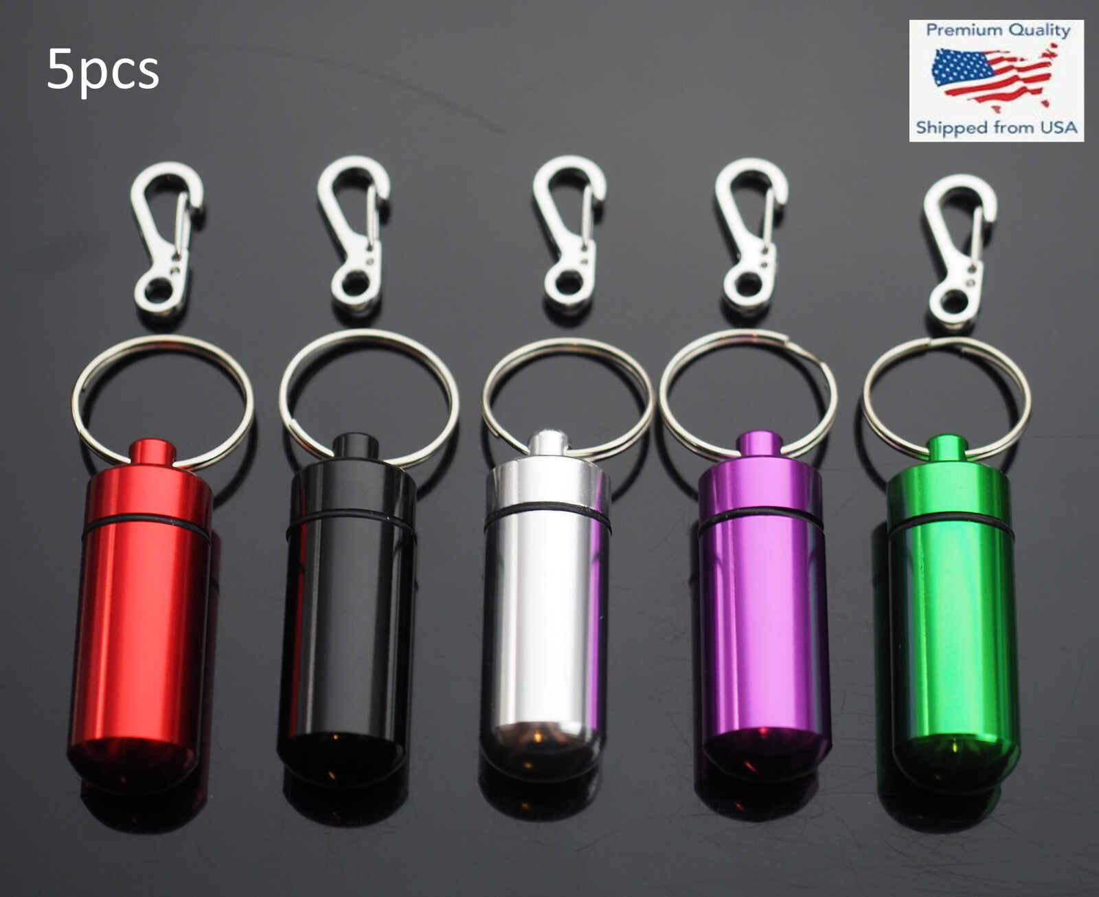 5pcs - Waterproof Aluminum Medication Pill Container Bottle Case Keychain Holder