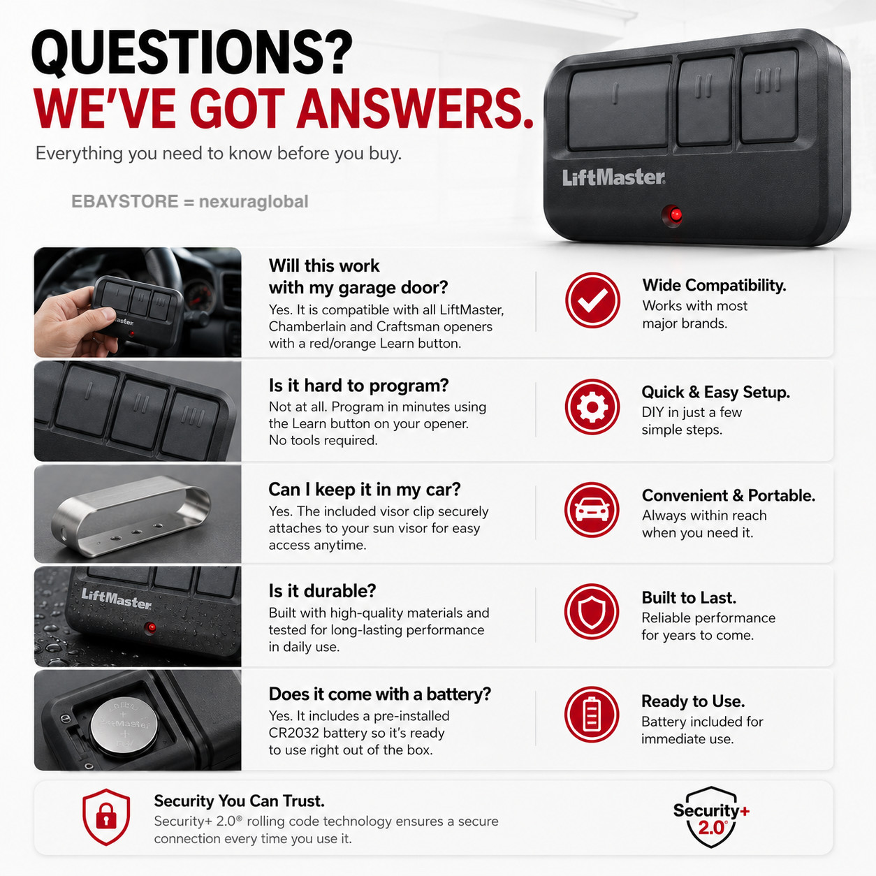 LiftMaster 893MAX 3 Button Visor Remote Control Garage Door Opener Transmitter