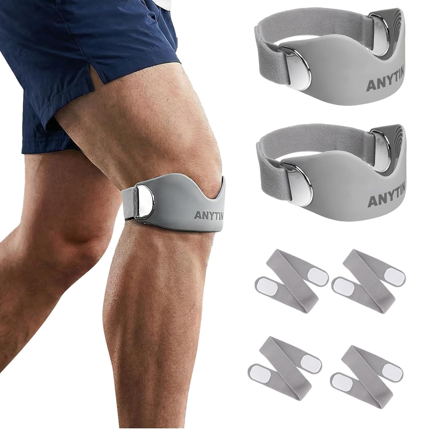 Silicone Patellar Tendon Support Strap 2 Pack, Adjustable Patella Knee Strap for
