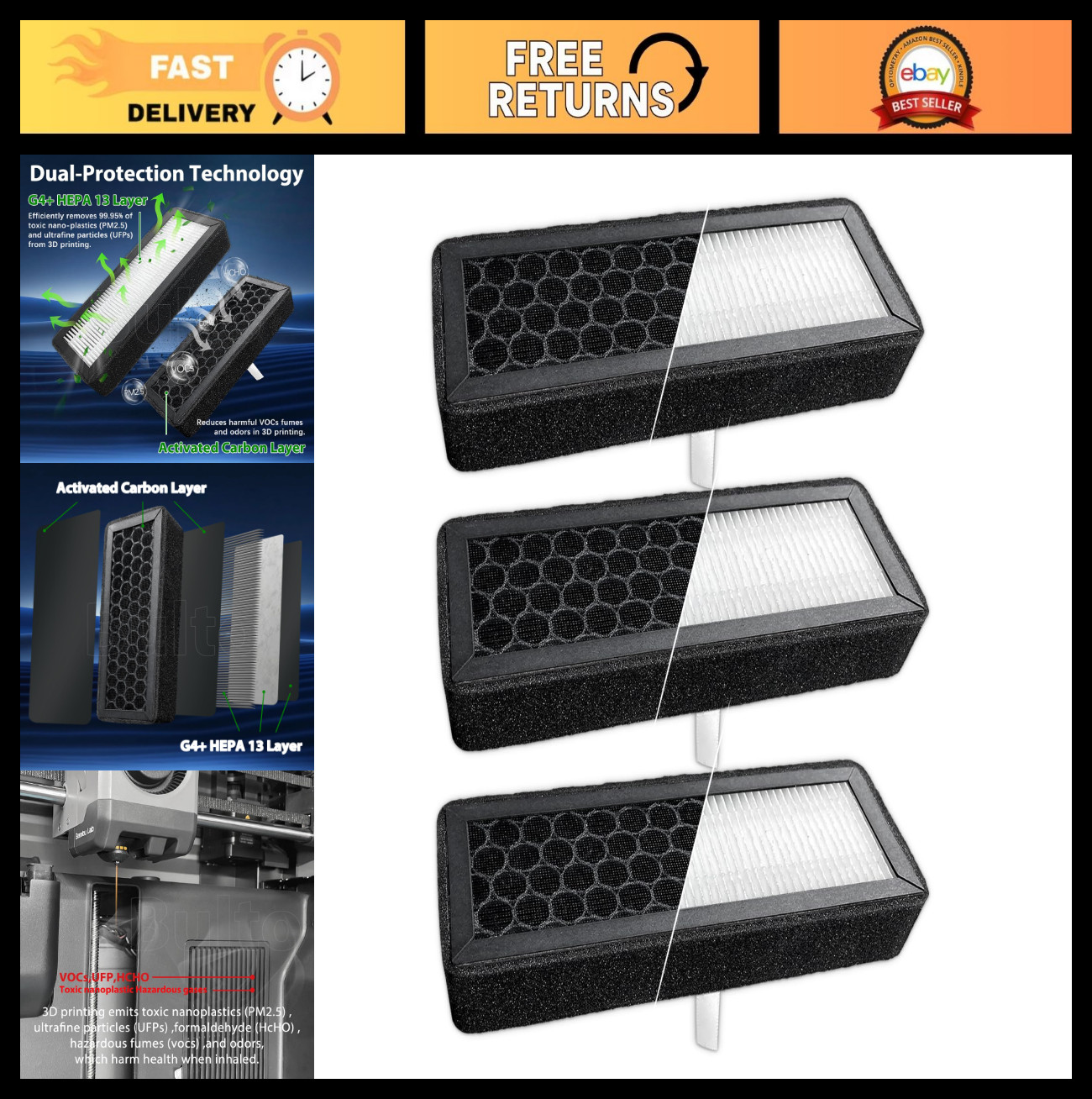 3Pcs HEPA 13 & Activated Carbon Air Filters for 3D Printers - VOCs, Odors, PM2.5