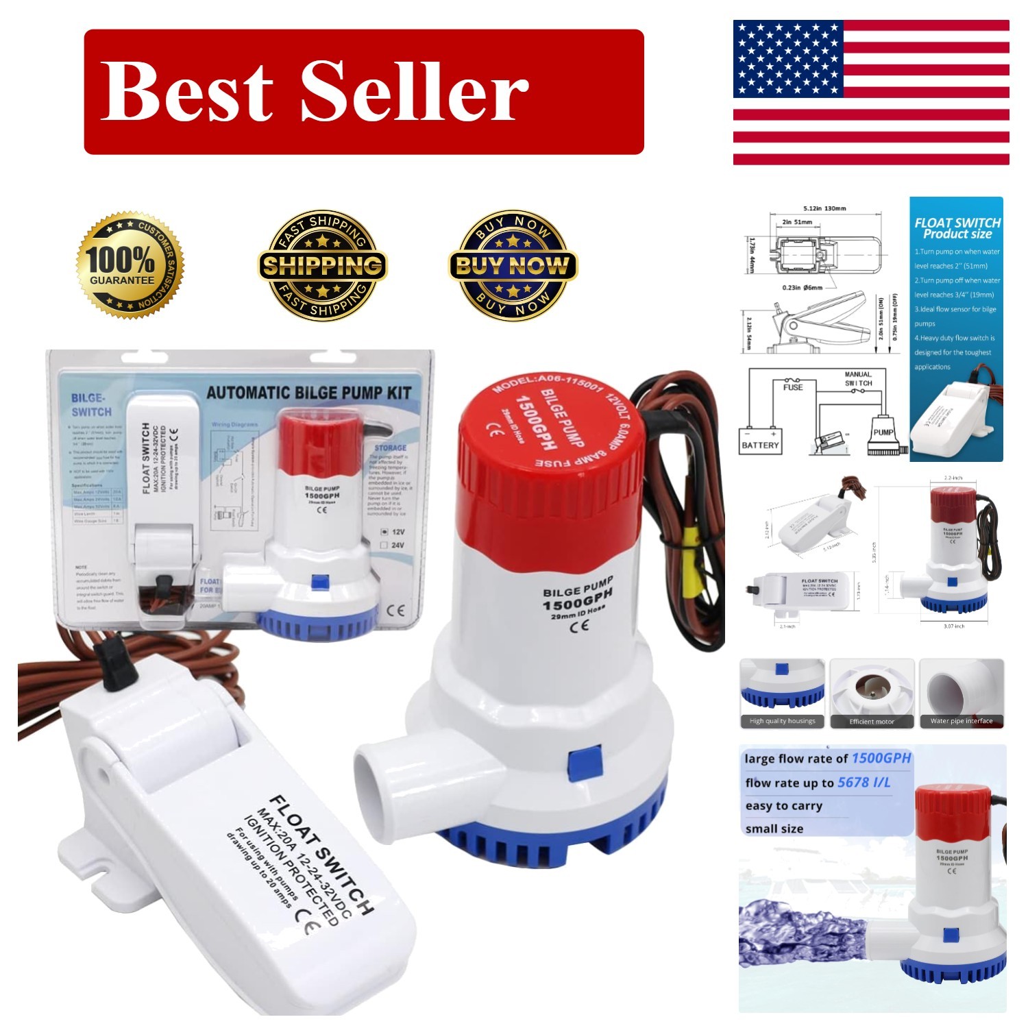Electric Boat Bilge Pump with Float Switch for Boat Set, 1500GPH 12V Bilge Pu...