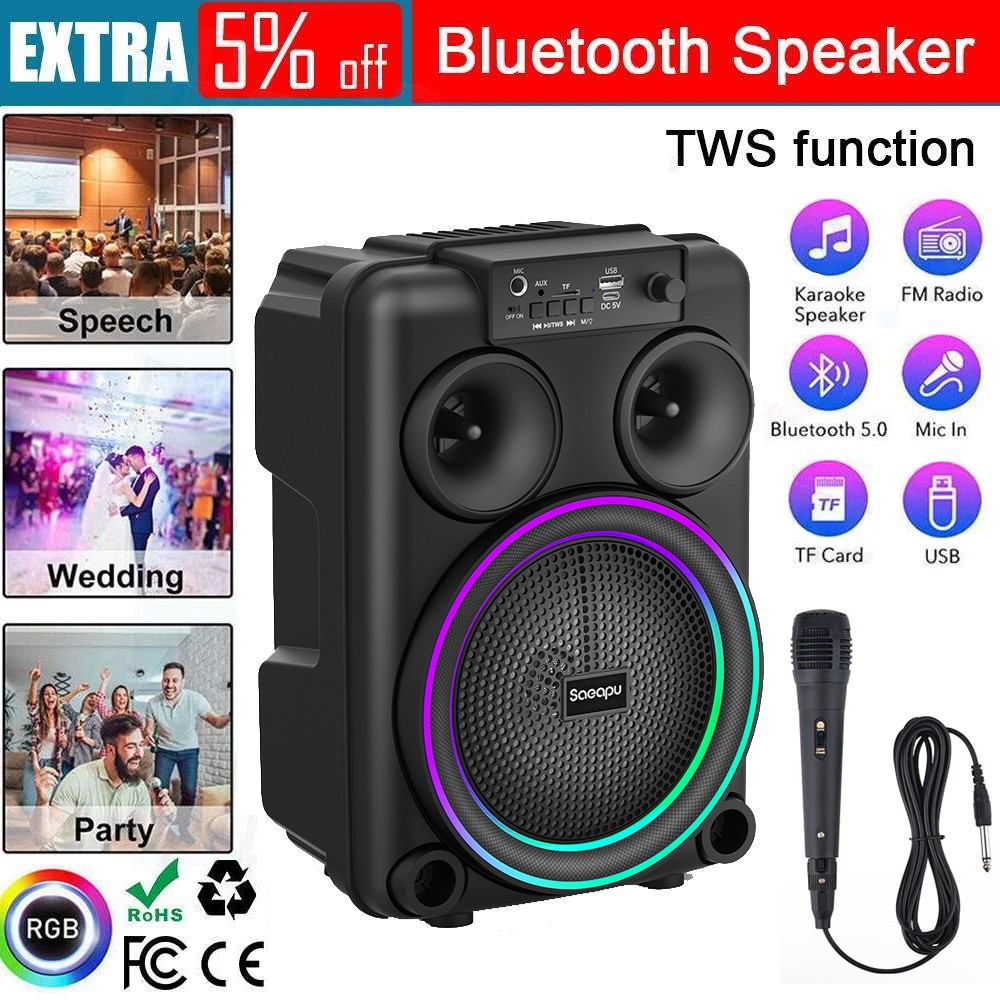 Portable RGB Bluetooth Party Speaker Sub Woofer Heavy Bass Sound System FM & MIC