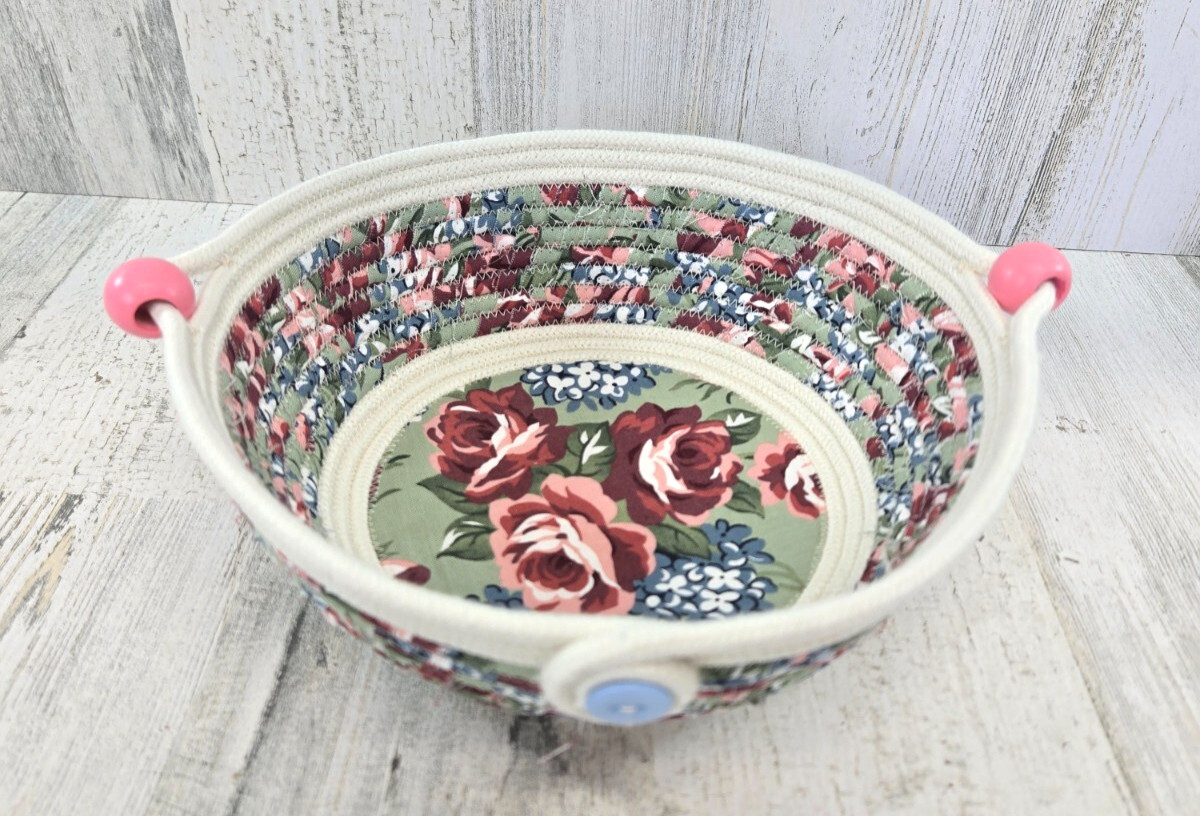 Rope Bowl Fabric Covered Coiled Handmade Roses Beads Button Cottagecore
