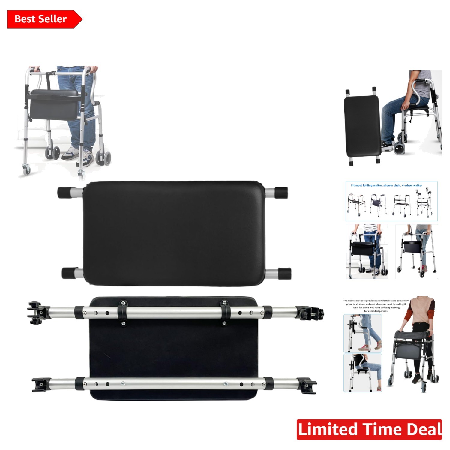 Adjustable Walker Rest Seat - Comfort & Convenience (20"-24", Black Leather)