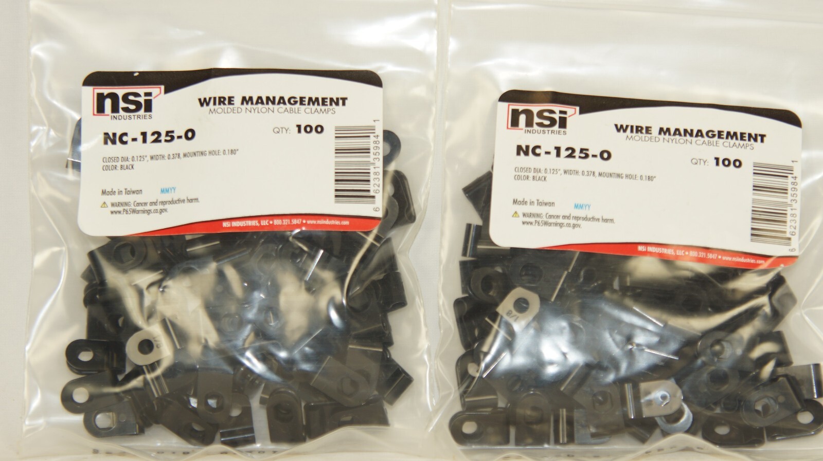 Molded Nylon Cable Clamps- 1/8"  Black-Two Bags QUANTITY 100 per bag - 200 Total