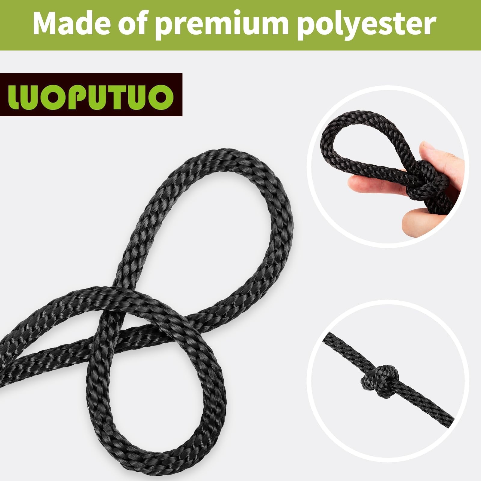 3/8 Inch × 200 FT Black Polyester Solid Braid Rope – UV & Abrasion Re