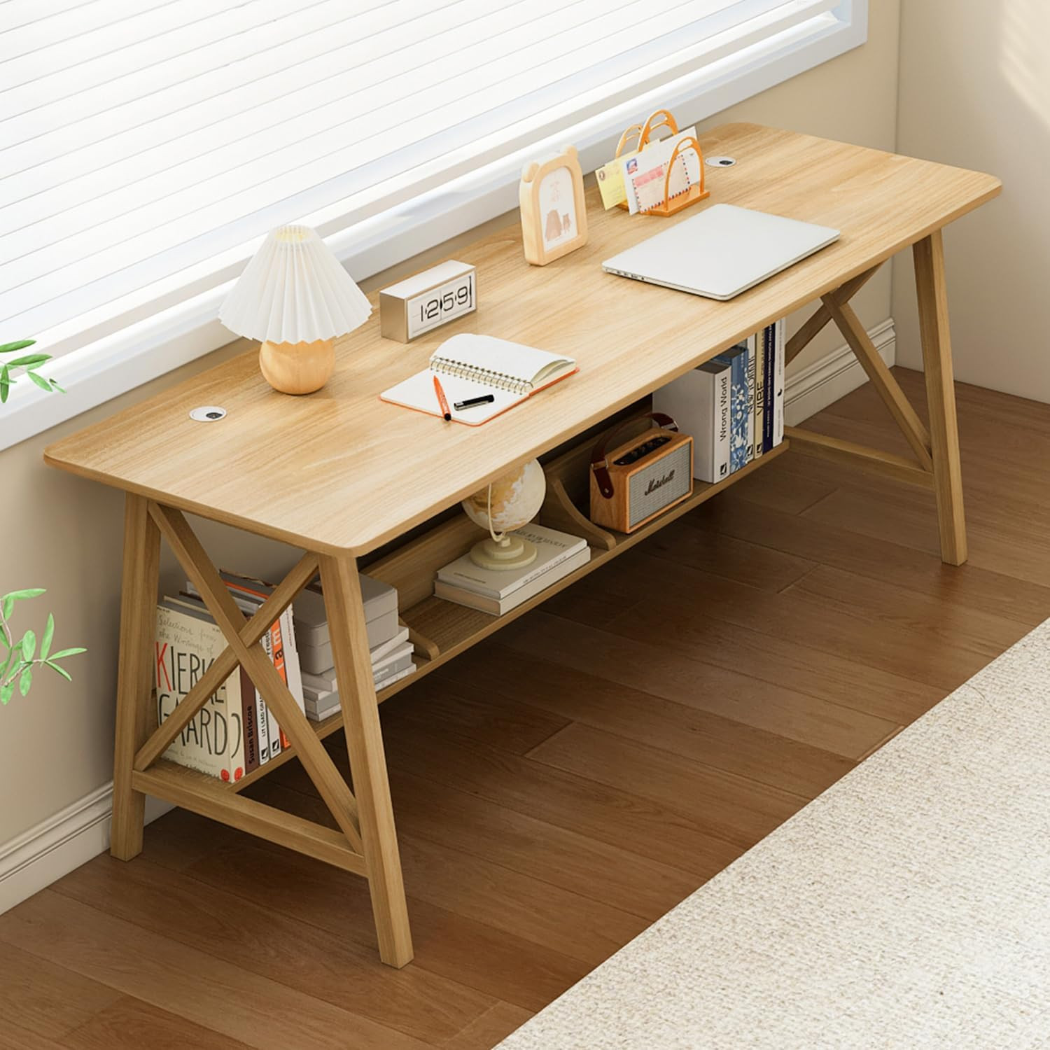 Extra Long Solid Wood Desk with Bookshelf - 63" Home Office Workstation