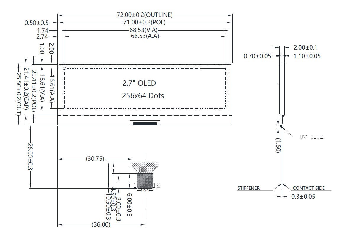 White Grayscale 2.7 inch OLED 256x64 Display Panel SSD1322