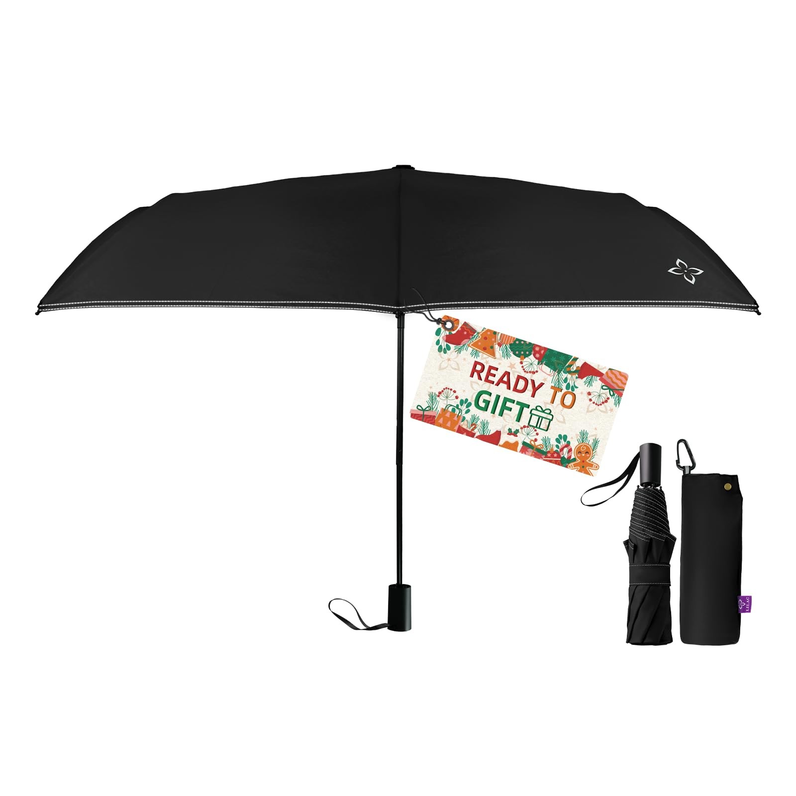 LILAC Windproof Travel Umbrella - Manual Folded Length: 11", Black (260T)