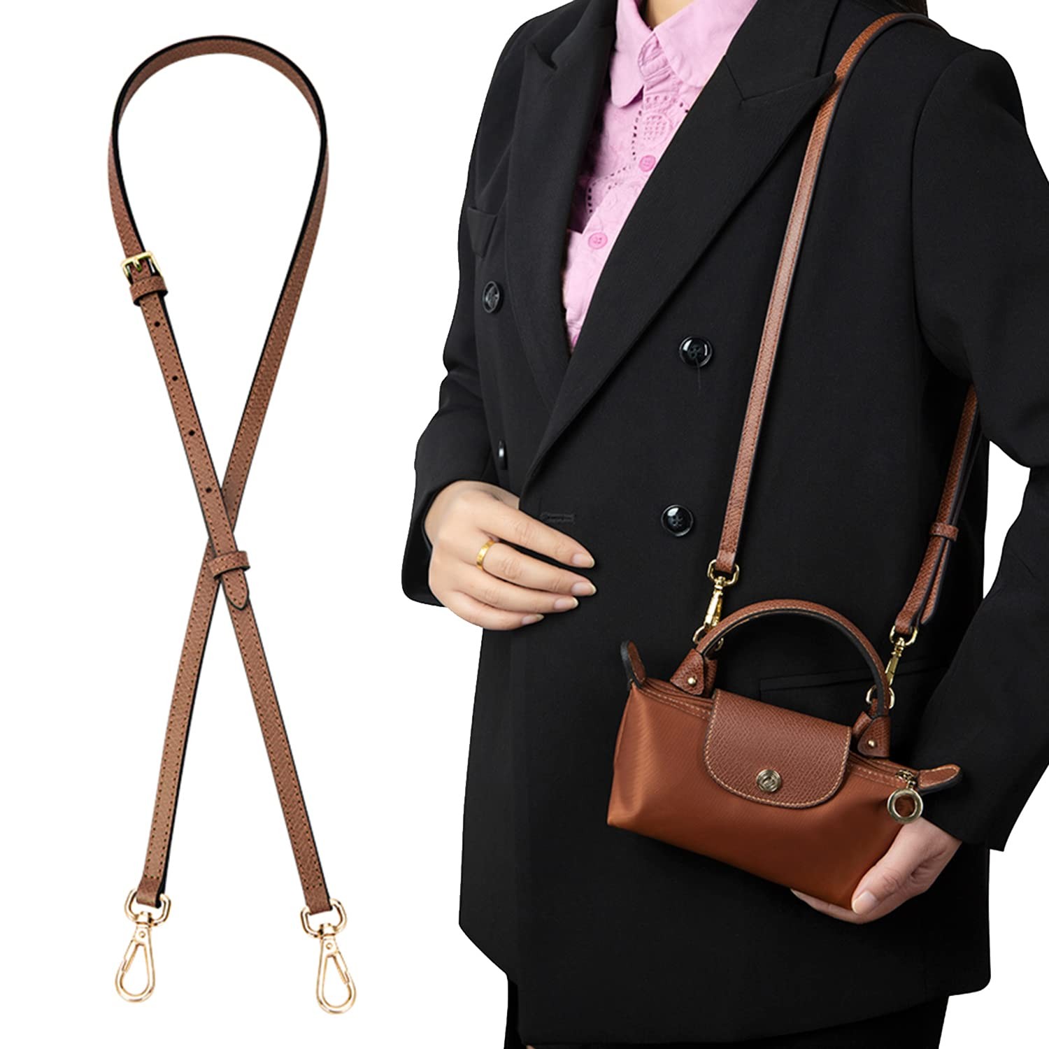 Bag Shoulder Strap with Longchamp Mini Pouch,Genuine Leather Adjustable Strap...
