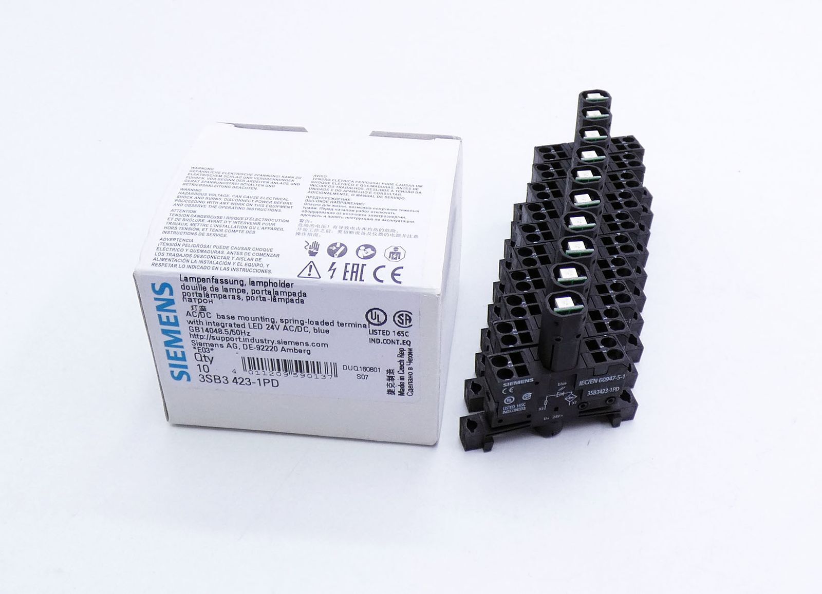 10x Siemens 3SB3 423-1PD E:03 lamp socket with LED, blue 24V AC/DC -unused/original packaging-