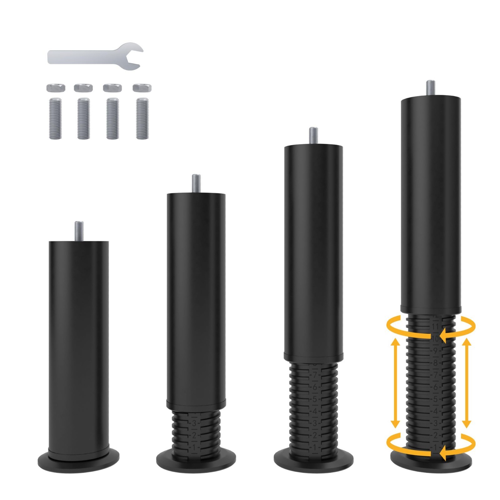 4Pcs Rotatory Adjustable 8-12" Bed Legs Heavy Duty M8 M10 Thread Black