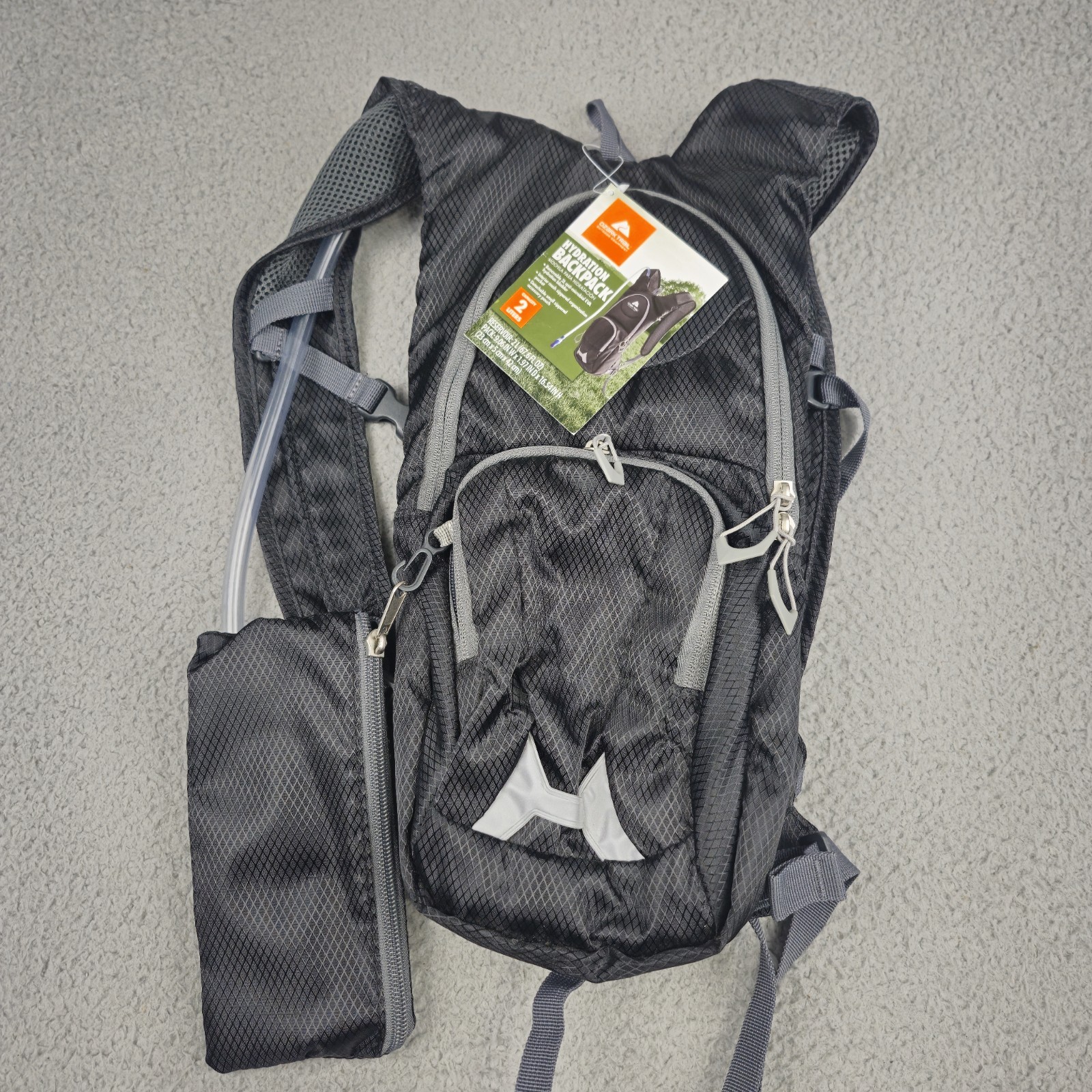 Ozark Trail Hydration Backpack  2L Bladder Black Gray Inner /Outer Pockets 9x16