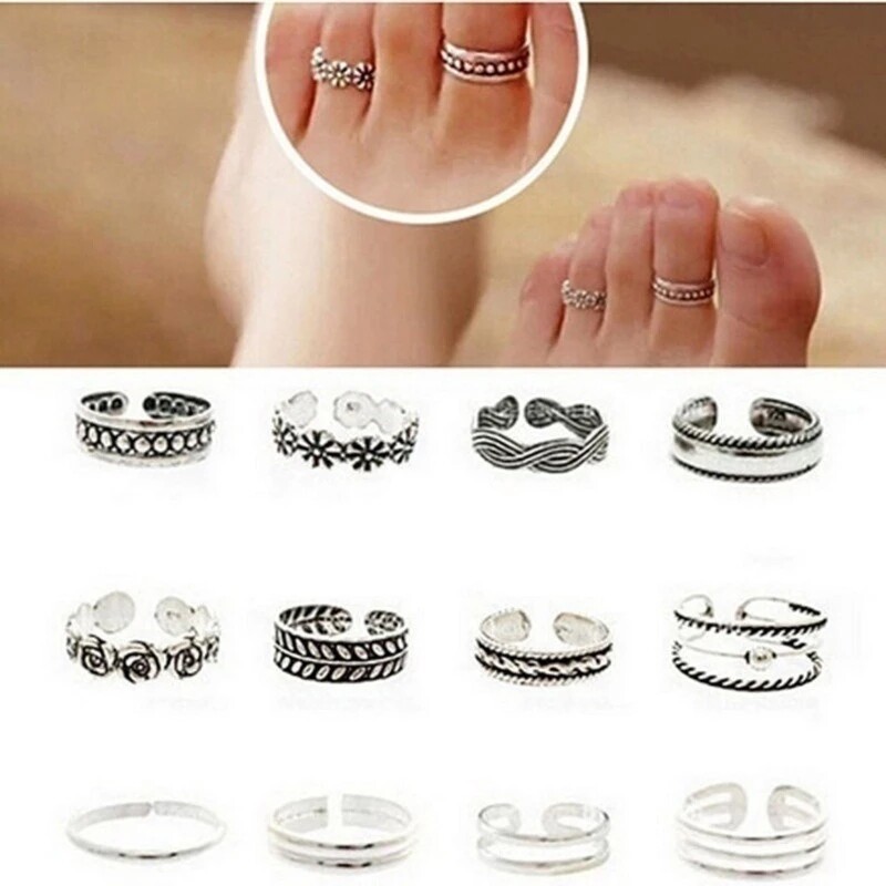 12 Pcs Vintage Toe Rings for Women Adjustable Finger Ring Beach Foot Jewelry Set