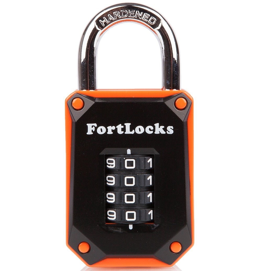 FortLocks Gym Locker Lock, 4-Digit Indoor & Outdoor 1 Pack, Black/Orange