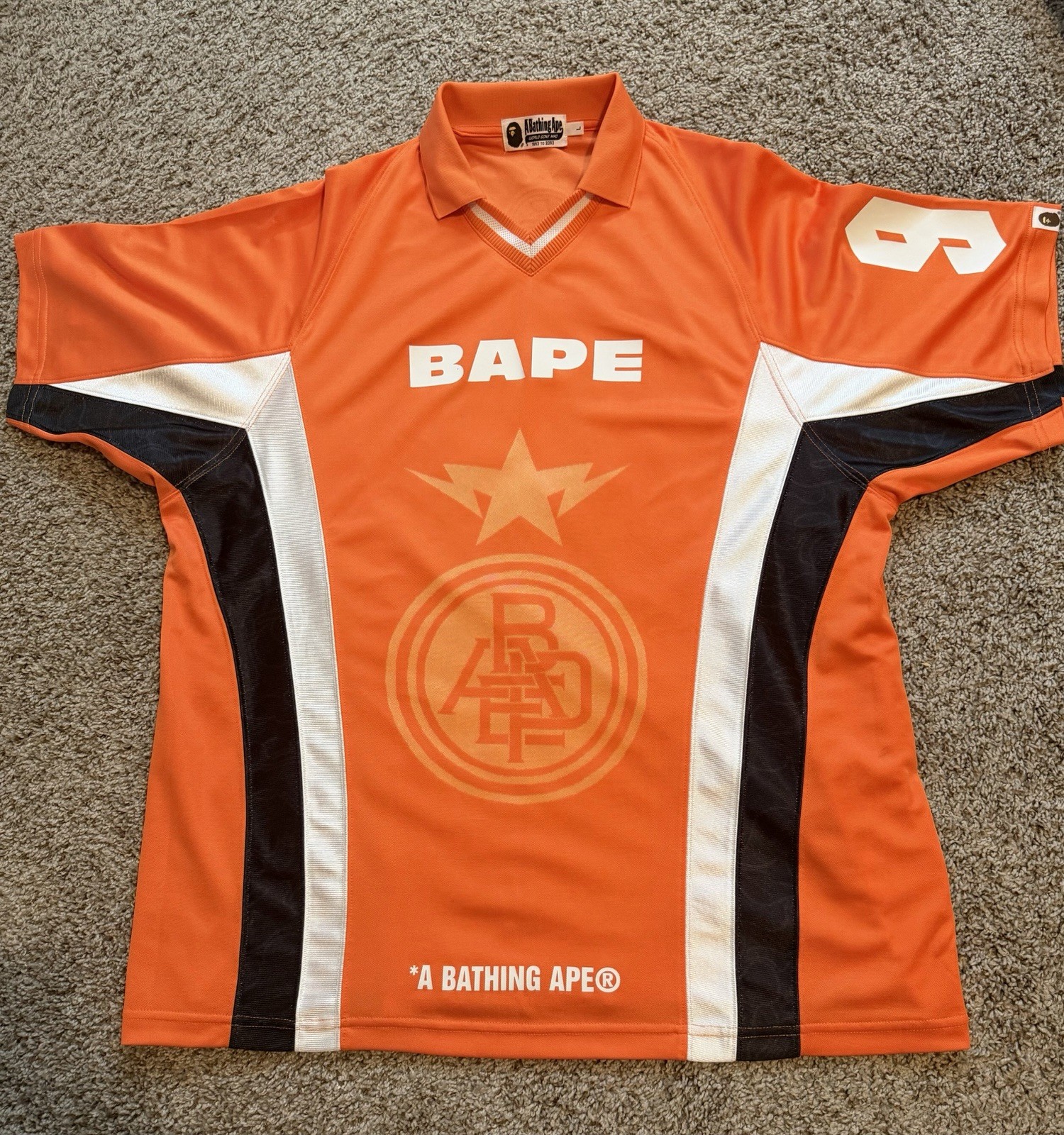 A Bathing Ape Orange Short Sleeve Soccer Jersey 100% Polyester Size L