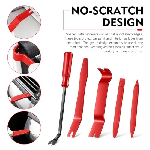 5 PCS Auto Trim Removal Tool Kit, No-Scratch Remover Pry Tool Set, Interior Red