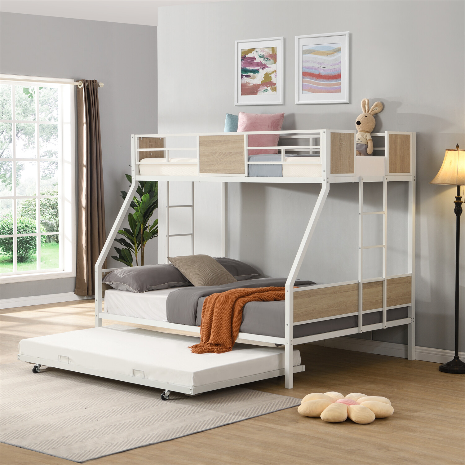 Twin Over Full Bunk Bed Heavy Duty Metal Bunk Bed Frame with Trundle & 2 Ladders