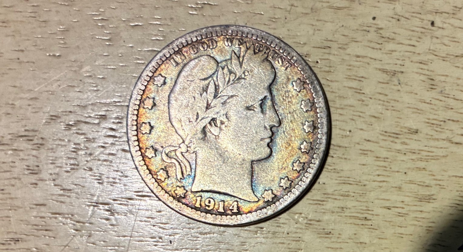 1914-P Barber Silver Quarter Rainbow tone 25c Set Break NICE