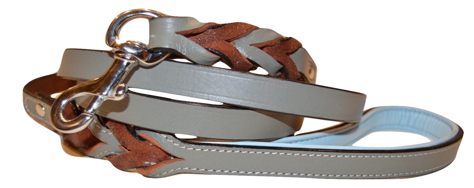 Leather Braided Dog Leash Padded Handle 4 FT x 1/2 Inch Grey Blue Lead
