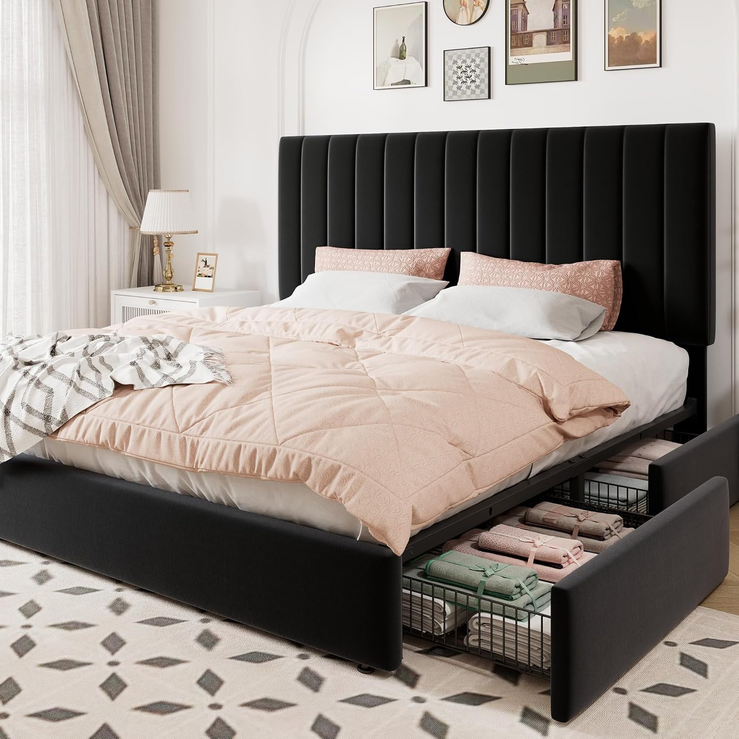 King Size Storage Bed Frame, Vertical Channel Tufted Adjustable Headboard, Velve