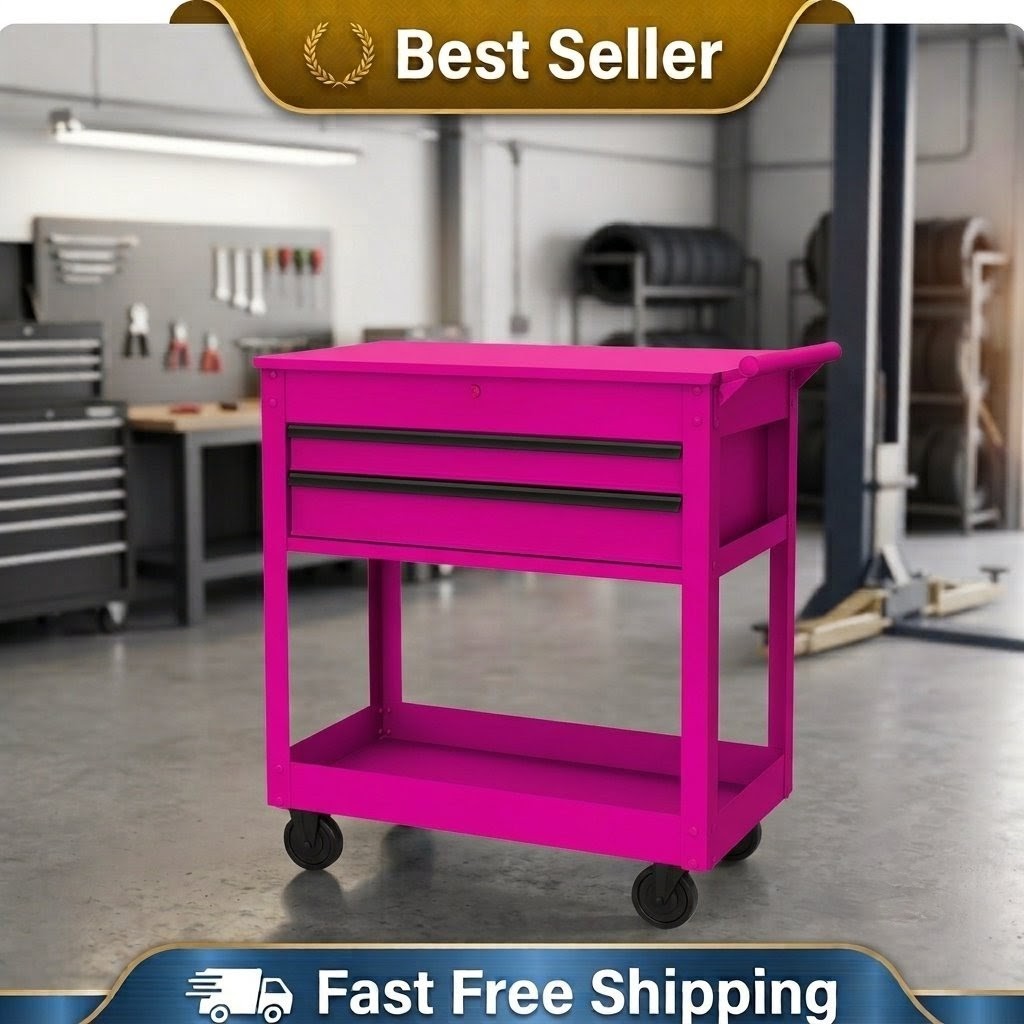 Rolling Steel Mechanic Tool Cart 28-inch 500 lb Capacity With Drawers Pink