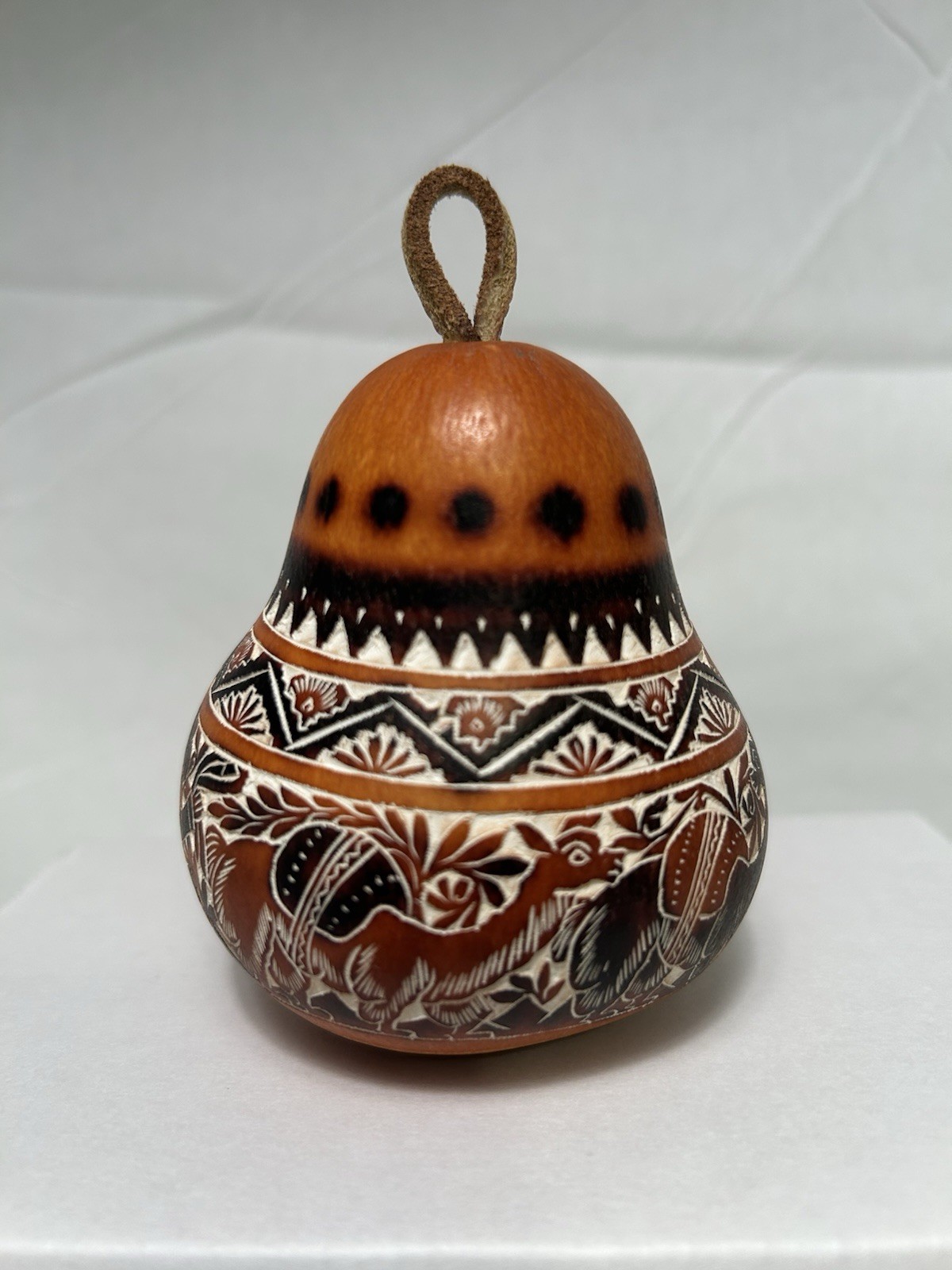 Etched Gourd/Rattle Signed Bertha Medina Peru 4”