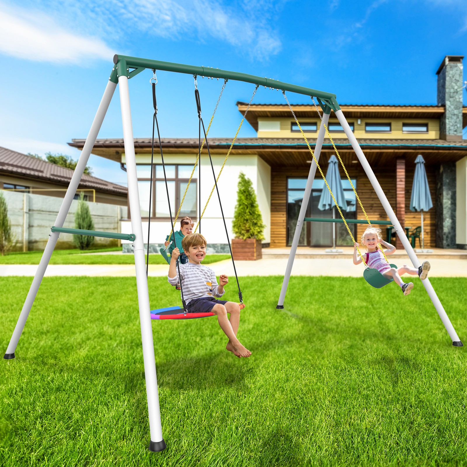 770lb 9.5' Heavy Duty Metal Swing Set Backyard Kids Adult Swingset with 3 Swings