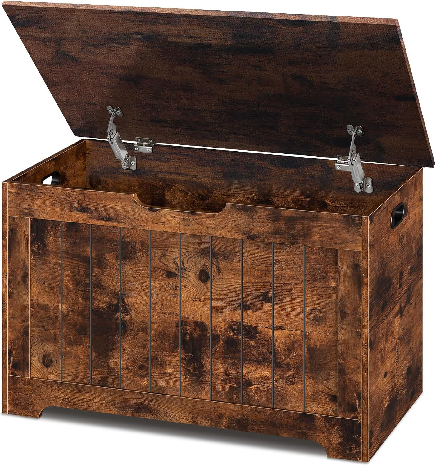 30" Rustic Brown Wooden Storage Chest 2 Safety Hinges for Entryway