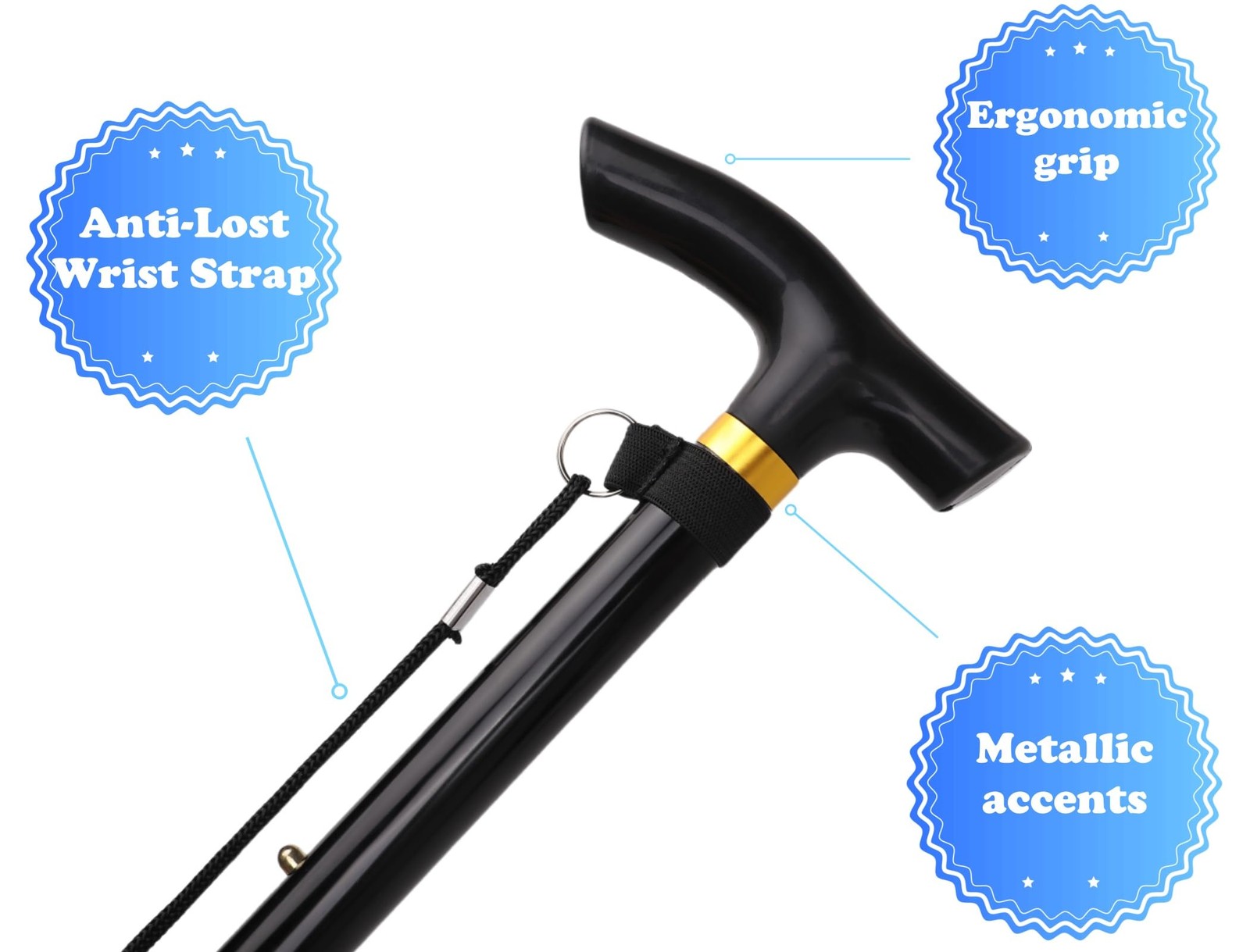 Comfkey Folding Lightweight Walking Stick - Adjustable Aluminum Metal Black