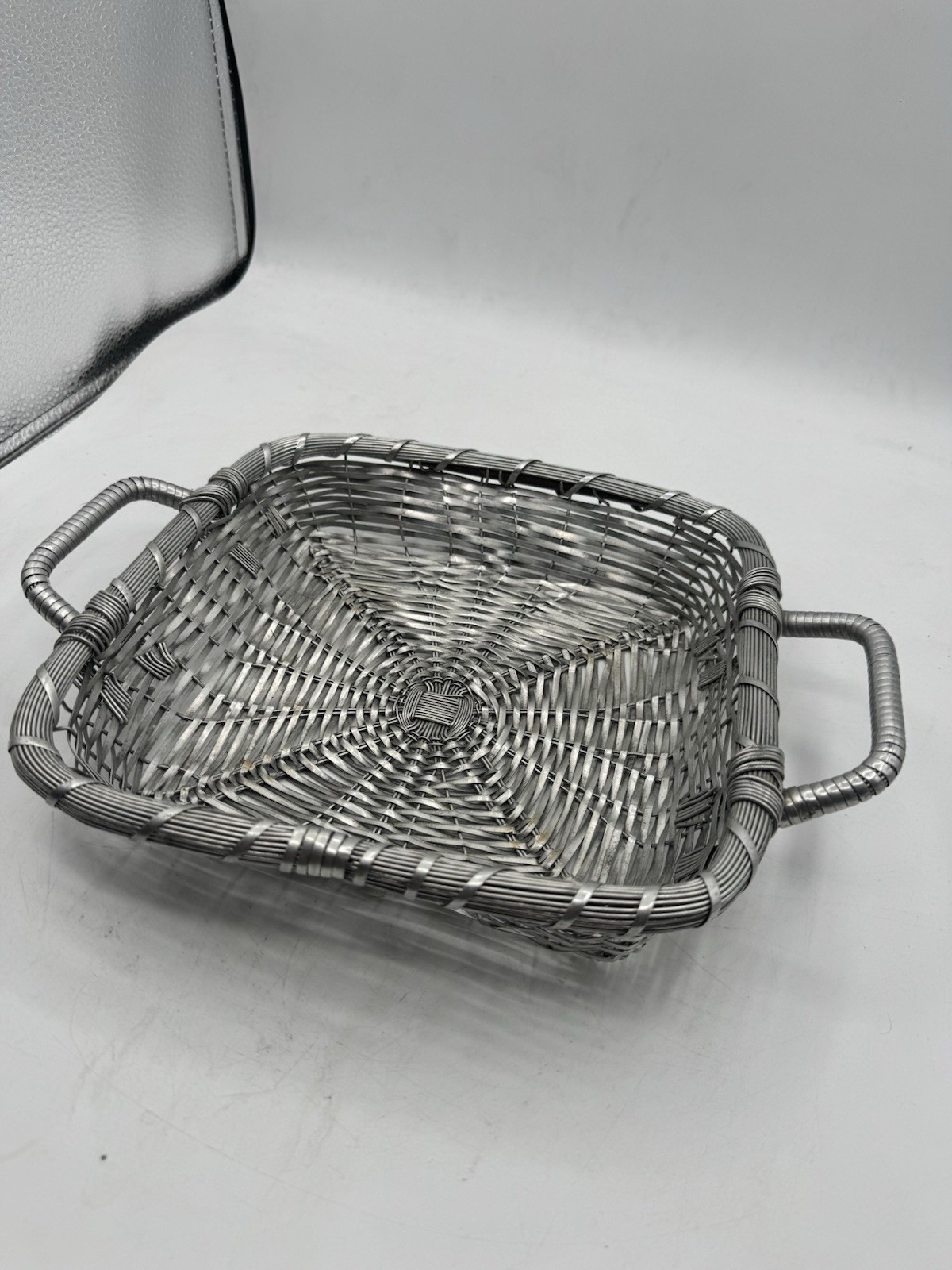 Metal Display Basket Silver Woven With Handles Rectangular 10 In x 10 In