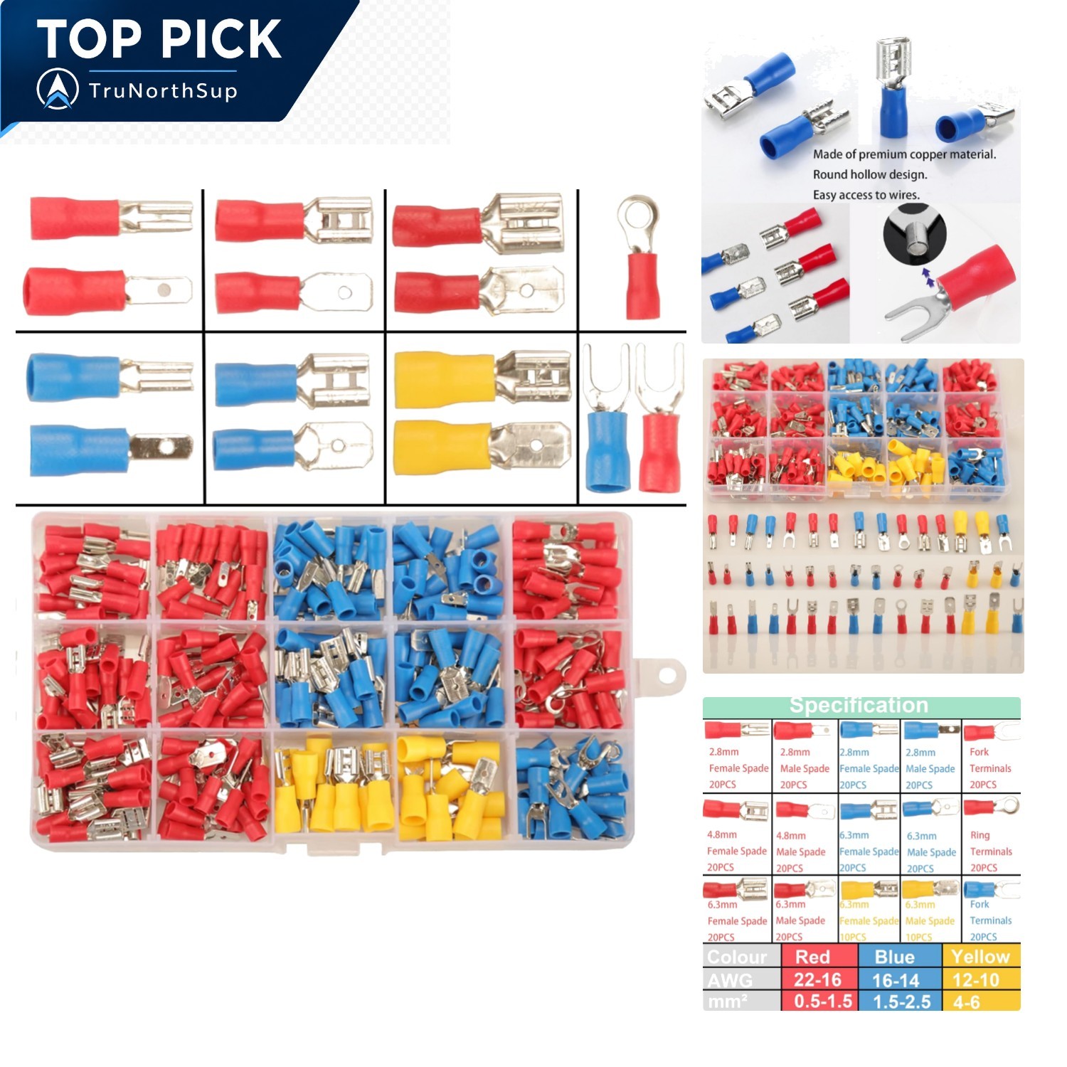 280PCS Electrical Crimp Connectors Kit 15 Types Spade Ring Fork Terminals Copper