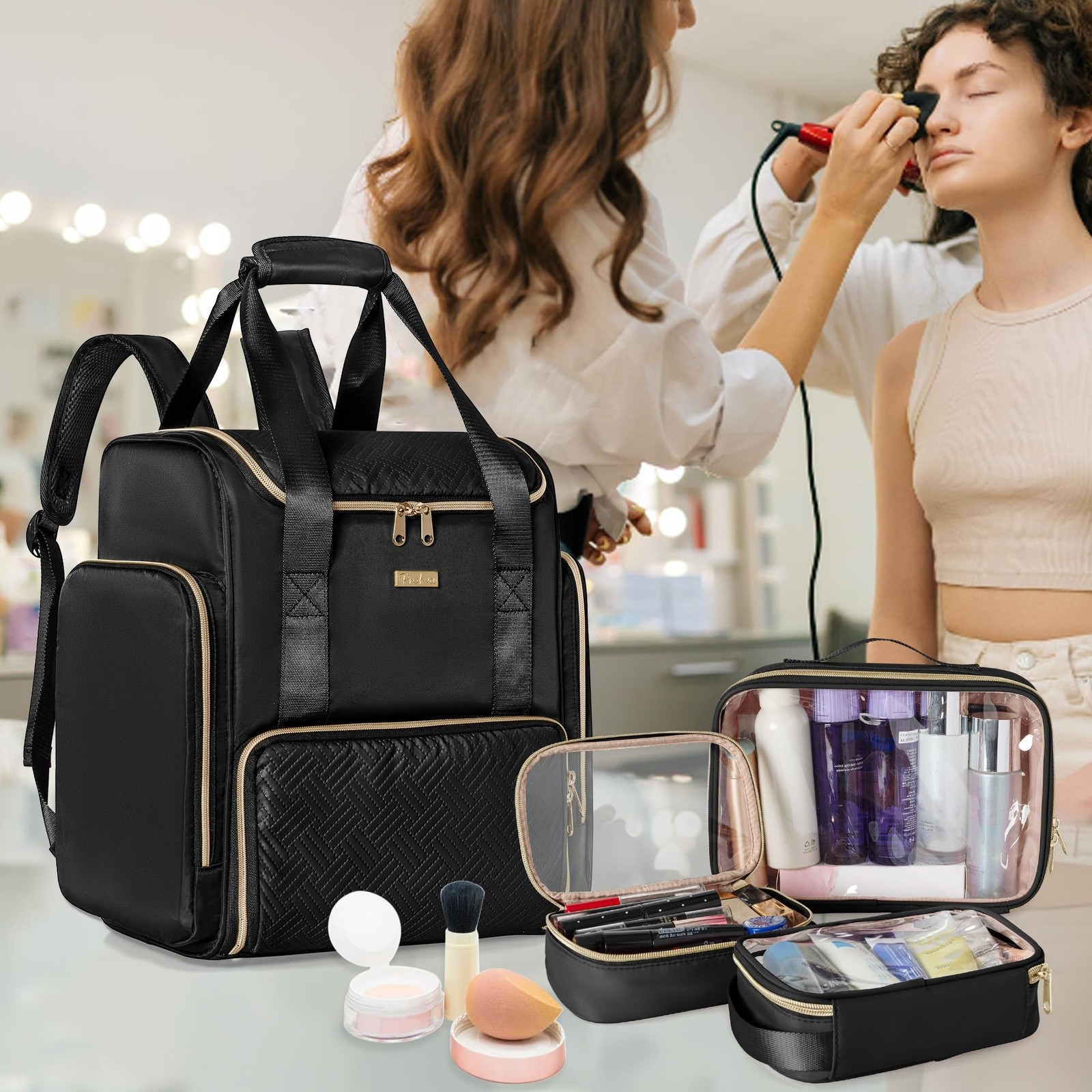 Large Makeup Backpack with 3 Clear Makeup Bags, Double Layers Professional Ma...
