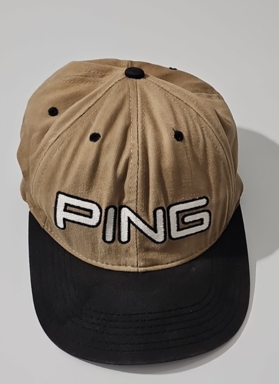Vintage 90s Ping Karsten Leather Strapback One Size Golf Tan Hat Made in USA