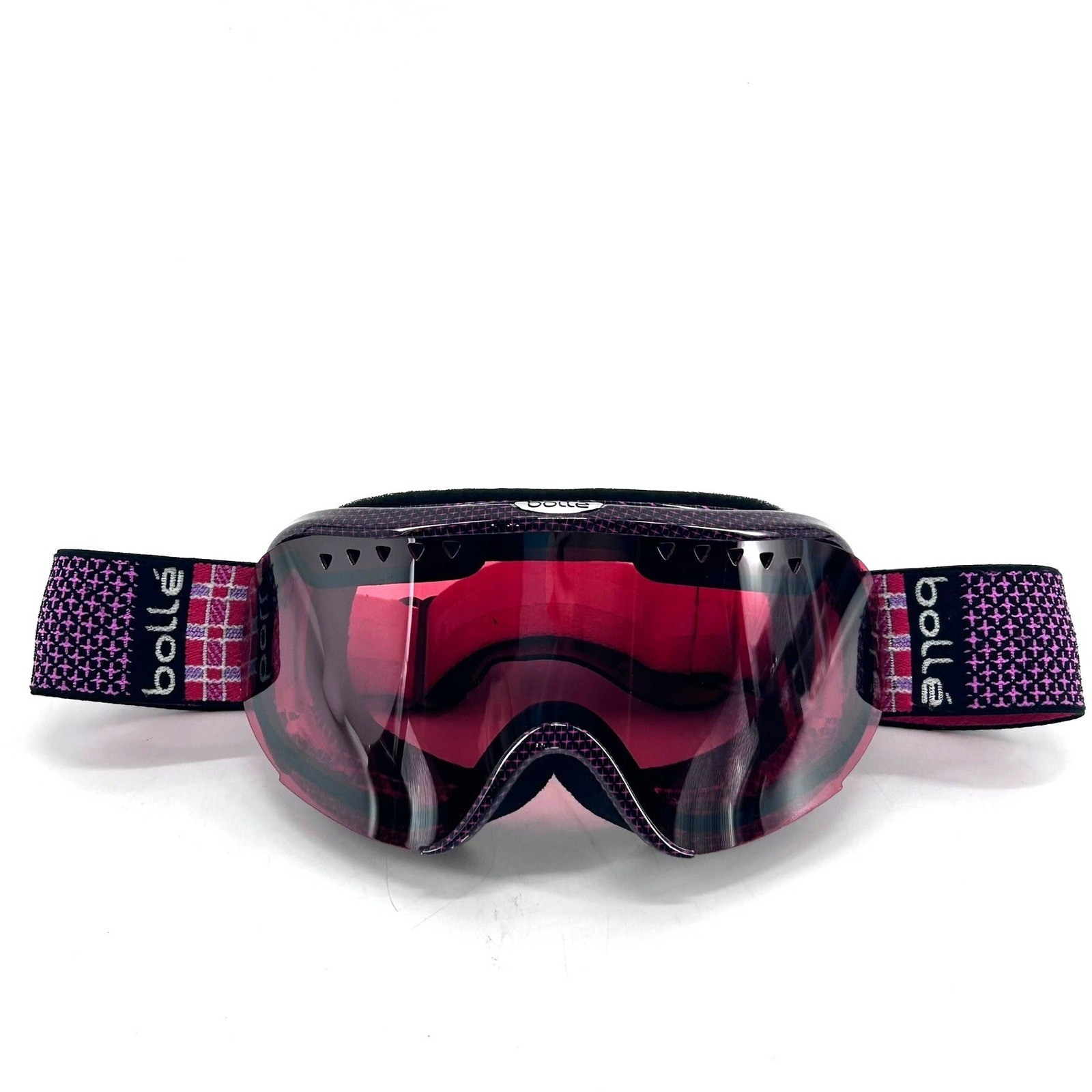 Bolle Ski Goggles Pink Plaid Pattern Frame Red Tinted Lens Snowboard Eyewear
