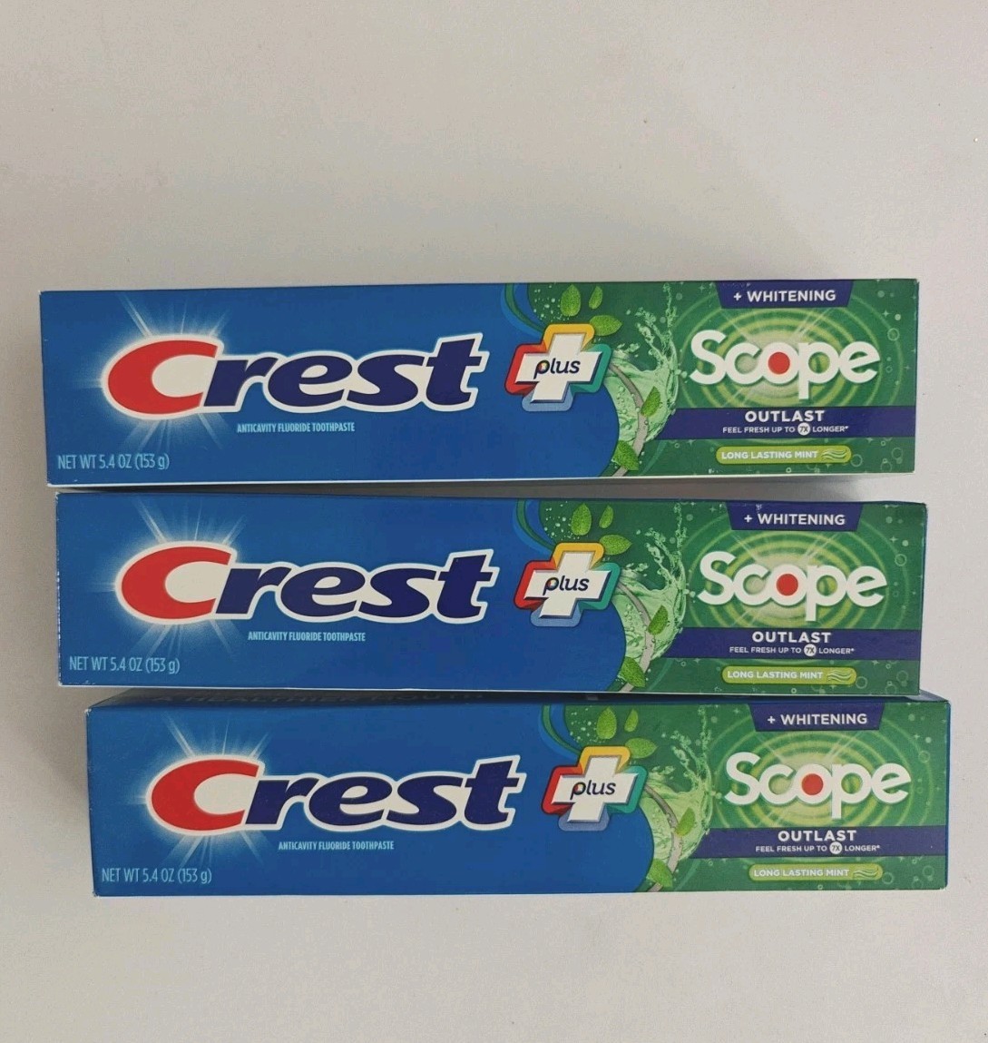 3 Pack Crest Complete Plus Scope Outlast Whitening Toothpaste 5.4 oz Exp 2029
