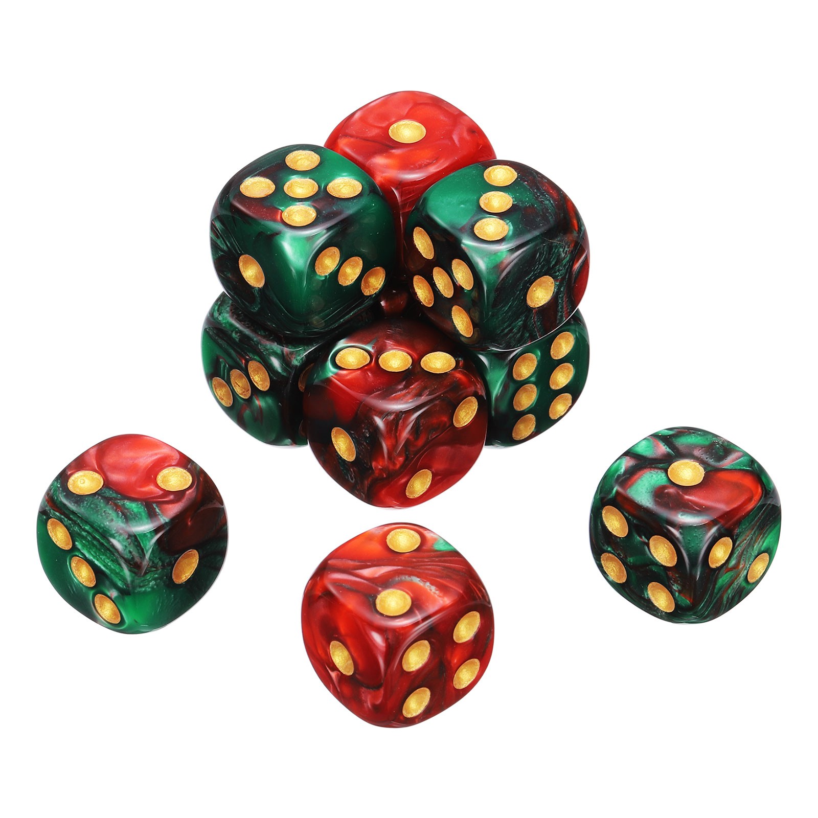 10Pcs 6 Sided Colored Standard Dice, Acrylic D6 Mini Game Dice, Red/Green, Gold