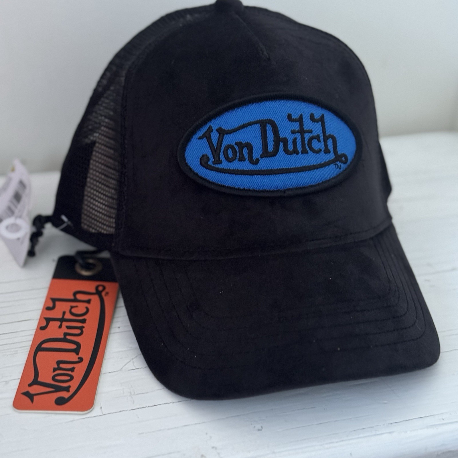NWT Von Dutch Black VELVET Blue Logo Patch Mesh Back Trucker Hat - SnapBack