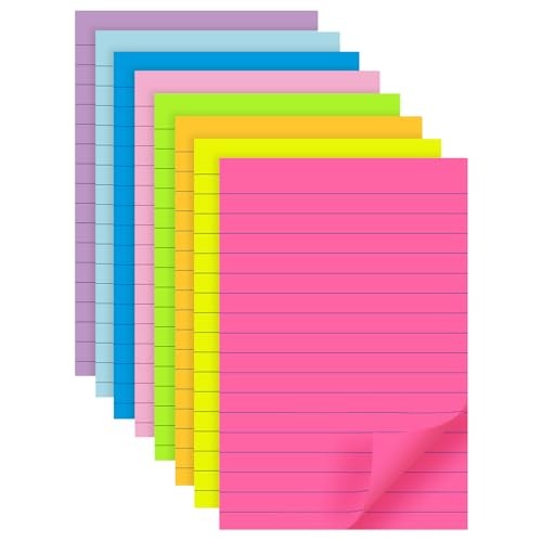 (8 Pads) Lined Sticky Notes 4x6 in Post, 8 Colors Self 4X6 in Bright Colors